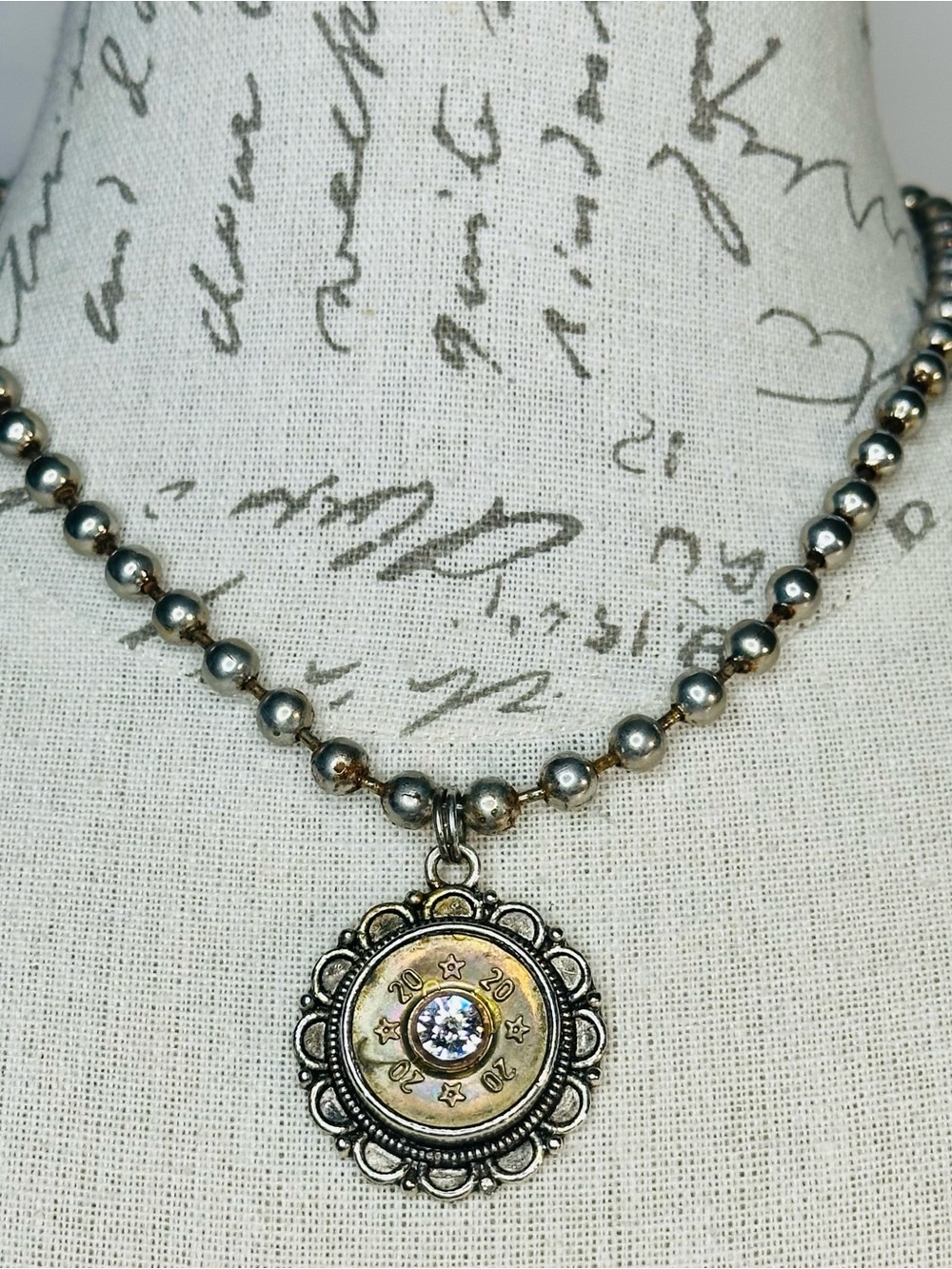Handmade Repurposed Cartridge Case Crystal Pendant Silver Tone Beaded Necklace